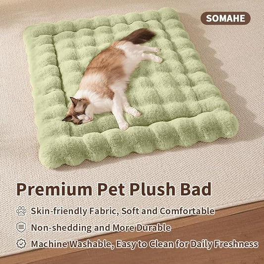 Cat Bed Mat, Soft Plush Faux Fur Kneading Pet Bed, Machine Washable Cat Sleeping Pad for Indoor Cats & Kittens, Non-Slip Fluffy Cat Rug for Couch Sofa Floor, 23x15 Inch Green