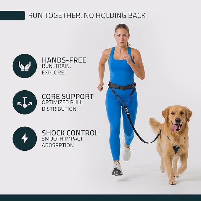 FITLY Dog Running Waist Belt - Running Dog Lead - Canicross Harness Carry Personal Items Running, Walks, Hikes - Waist Leads for Dogs with Belt Pouch, Converts into Canicrossing Line - Emerald Blue