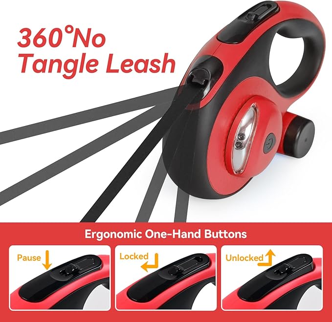 Heavy Duty Retractable Dog Leash for Large Dogs, 26ft Dog Leash with Poop Bag Holder, Up to 110lbs, chew Proof Cable, LED Light, 360° No-Tangle, One-Handed Pause & Locked. (Red, L 26ft)