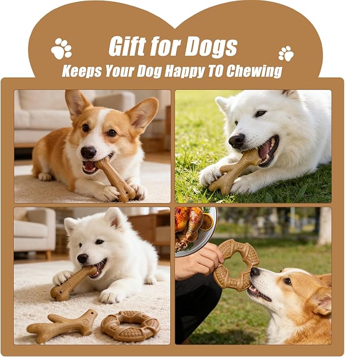 Dog Chew Toys for Aggressive Chewers, 3 Pack Nylon & Wood Teething Bone Toy Set with Chicken Flavor, Durable Tough Bones Chewing Toys for Small & Medium Dogs