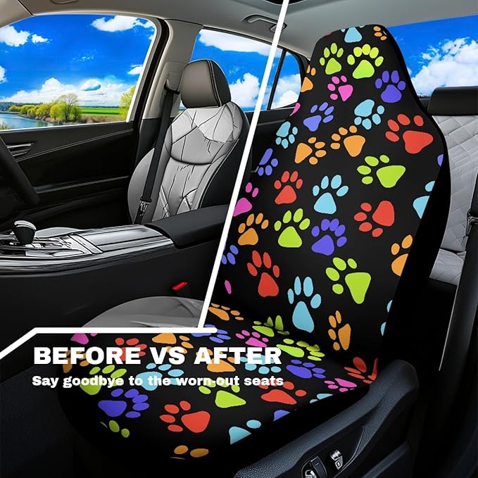 Colorful Paw Print Car Seat Covers Set of 2 Cute Waterproof Front Seat Covers Stretch Polyester Fabric Automobile Accessory Universal Fit for Truck Van SUV