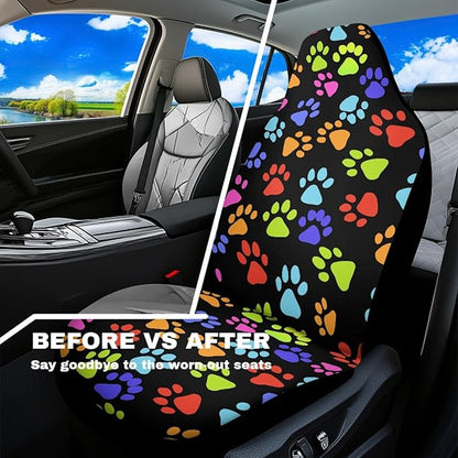 Colorful Paw Print Car Seat Covers Set of 2 Cute Waterproof Front Seat Covers Stretch Polyester Fabric Automobile Accessory Universal Fit for Truck Van SUV
