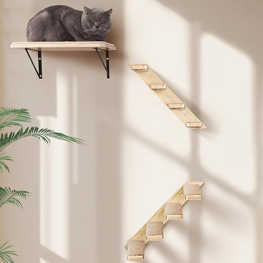 Wall Mounted 1 Pack Cat Shelf with 2 Pcs Two Steps Climber Stairs - Modern Cat Wall Furniture for Climbing, Lounging, and Playing - Perfect Hammock for Indoor Cats or Kitty