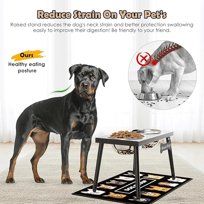 Metal Raised Dog Bowl Stand for Large and Medium Dogs, Stronger Elevated Dog Bowls with Sprill Proof Mat, Pet Food & Water Bowls 10" Tall Dogs Feeder (58OZ-Stainless Steel Pet Bowl, Mat-16x24)