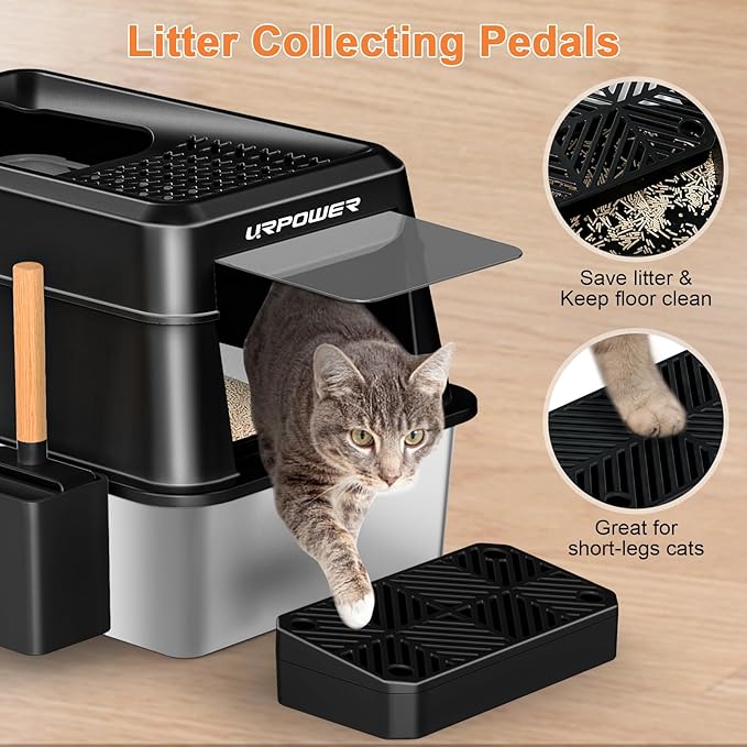URPOWER Stainless Steel Cat Litter Box with Lid Extra Large Enclosed Litter Box for Cats Non-Sticky Metal Pan with High Sided Enclosure & Scoop, Front & Top Entry, Anti-Leakage, Easy Cleaning