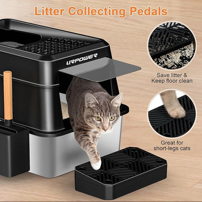 URPOWER Stainless Steel Cat Litter Box with Lid Extra Large Enclosed Litter Box for Cats Non-Sticky Metal Pan with High Sided Enclosure & Scoop, Front & Top Entry, Anti-Leakage, Easy Cleaning