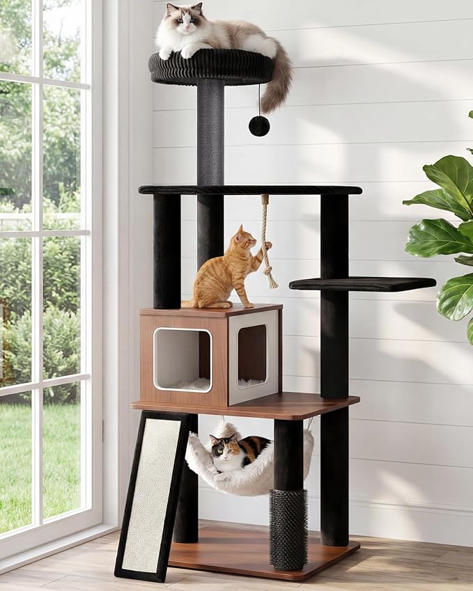 61" Modern Cat Tree Tower for Indoor Cats, Luxury Climbing Tower with Plush Lounge, Kitty Condos, Hammock & Scratching Posts, Classic cat Furniture (Walnut)