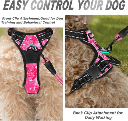 BARKBAY No Pull Dog Harness Front Clip Heavy Duty Reflective Easy Control Handle for Large Dog Walking(Pink camo,XS)