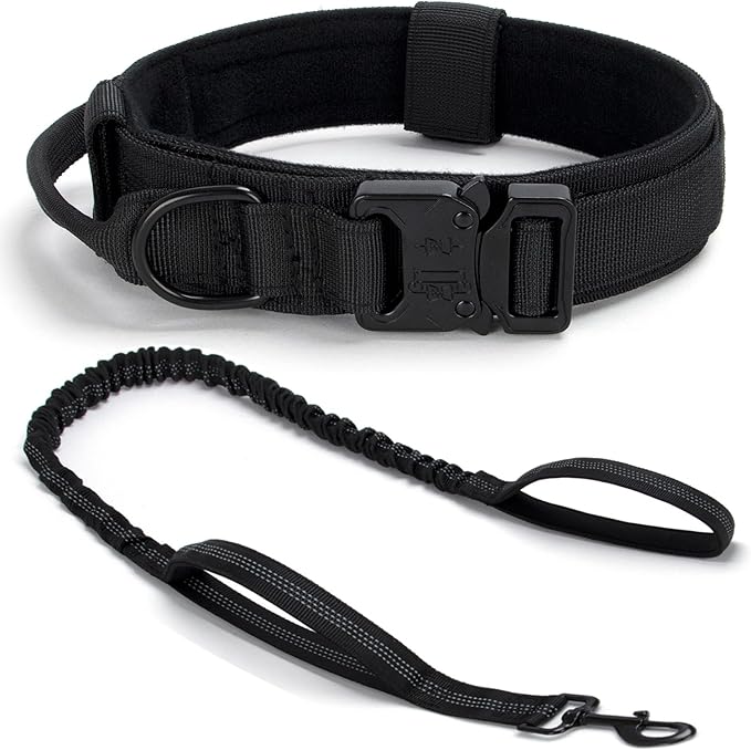 Tactical Dog Collar Set, Adjustable Military Training Nylon Dog Collar with Control Handle and Heavy Quick-Release Metal Buckle for Small Medium Large Dogs, Black Set XXL