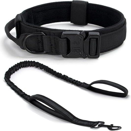 Tactical Dog Collar Set, Adjustable Military Training Nylon Dog Collar with Control Handle and Heavy Quick-Release Metal Buckle for Small Medium Large Dogs, Black Set XXL
