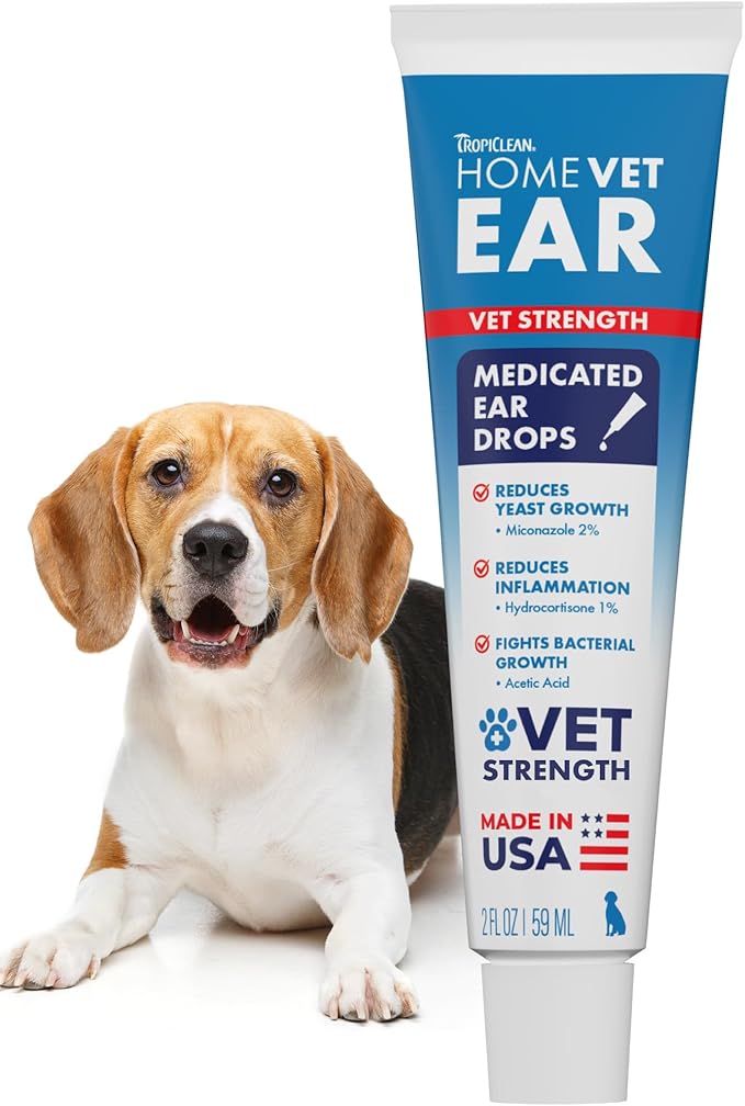TropiClean HomeVet Medicated Dog Ear Drops, Vet Recommended Daily Dog Ear Cleaner, Fungal & Yeast Treatment, USA Made, 2 oz