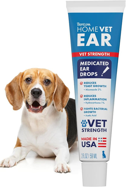 TropiClean HomeVet Medicated Dog Ear Drops, Vet Recommended Daily Dog Ear Cleaner, Fungal & Yeast Treatment, USA Made, 2 oz