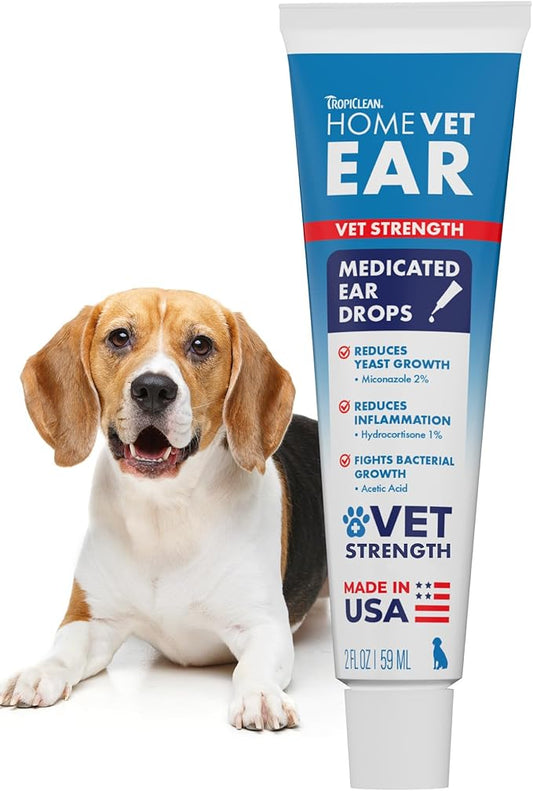 TropiClean HomeVet Medicated Dog Ear Drops, Vet Recommended Daily Dog Ear Cleaner, Fungal & Yeast Treatment, USA Made, 2 oz