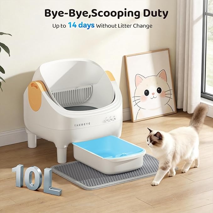 Thereye Self Cleaning Cat Litter Box, Open-Top Automatic Litter Box with APP Control, Safety Sensor and 10L Large Waste Bin, Smart Kitty Litter Boxes with Trash Bags and Mat for Multiple Cats