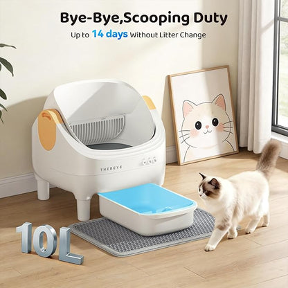 Thereye Self Cleaning Cat Litter Box, Open-Top Automatic Litter Box with APP Control, Safety Sensor and 10L Large Waste Bin, Smart Kitty Litter Boxes with Trash Bags and Mat for Multiple Cats