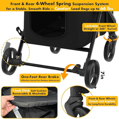PAWZIDEA Large Dog Stroller up to 80 lbs, No-Zip 180° Reversible Canopy Lockable, Lightweight Pet Stroller for 2 Medium Dogs, One-Hand Foldable, Low-Entry, All-Terrain Jogger Wheels, Storage Organizer