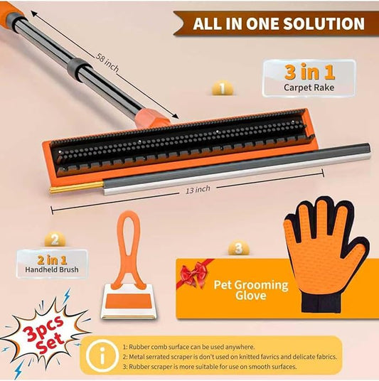 Carpet Rake for Pet Hair Removal - Reusable Dog & Cat Hair Remover with 58" Reinforced Steel Handle, 3-in-1 Professional Modular Rug Rake & Scraper Tool for Shag Rugs, Couch, Stairs (Orange)