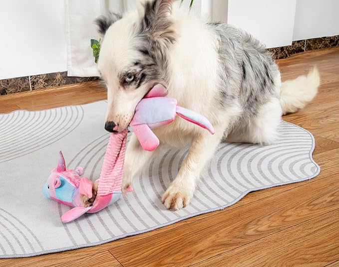 3-in-1 Squeaky Dog Toy for Chewer (Squeaker, Crinkle Paper & Elastic Band), Durable Interactive Puppy Plush Stuffed Chew Toy for Boredom, Tug of-War, for Small Medium Large Breed (Unicorn)