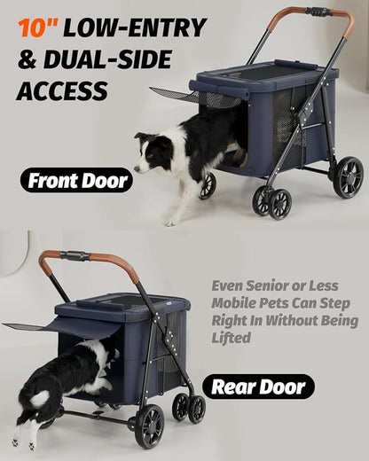 Dog Stroller for Large & Medium Dogs, Pet Stroller for 2 Small Dogs Up to 80 Lbs, Extra Large Heavy Duty, Folding & Breathable, All-Terrain Wheels, Navy Blue