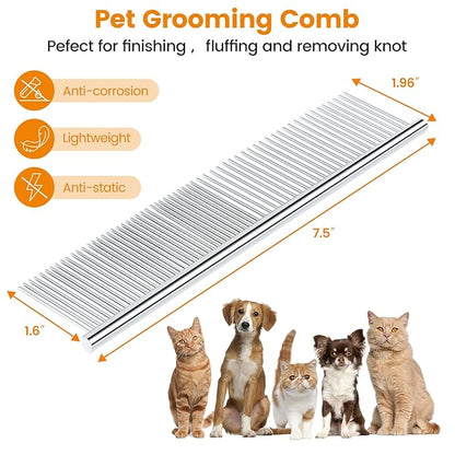 PETTOM 2Pcs Stainless Steel Dog Comb, Round Tooth Cat Comb with 2 Tooth Widths, Metal Combs for Removing Knots and Tangles, Grooming Tool for Long and Short Hair Pets, 7.5 IN Silver