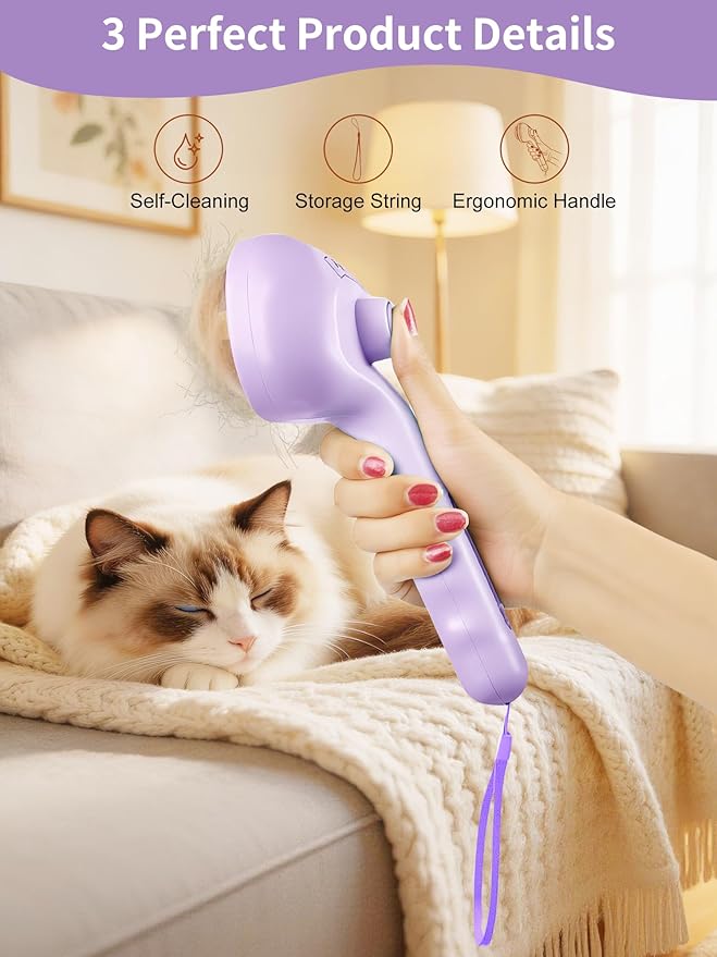 Dog Cat Steam Brush With UV Light, 3 in 1 Release Button Self-Cleaning Grooming Brush for Pets Cats Dogs, Hair Massaging Shedding for Small Animals Long Short Haired - Purple