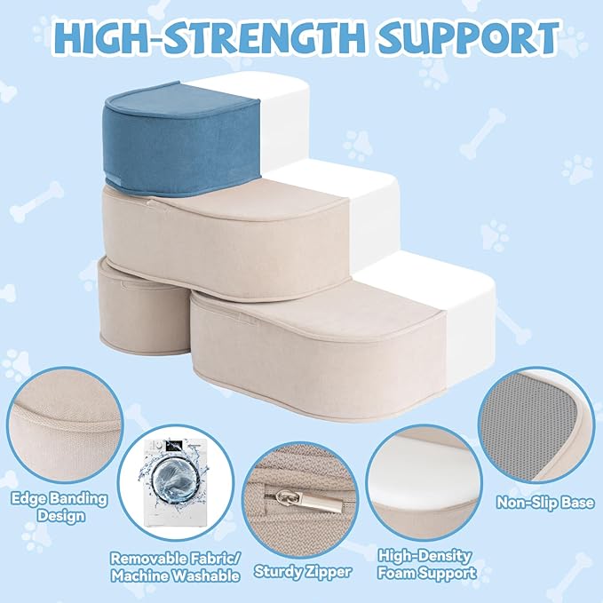 Dog Stairs for Small Dogs 17.7" H,2 in 1 Dog Steps for High Bed Couch 3-Step Pet Stairs for Dogs to Get On Bed,High Density Foam Non-Slip Pet Ramp for Puppy Older Cat