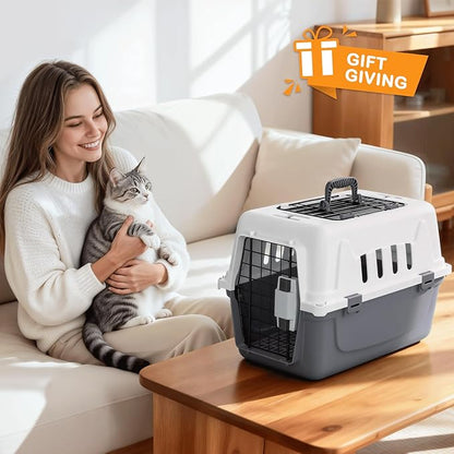 MoNiBloom 18-Inch 2-Door Top Loading Cat Carrier, Plastic Dog Crate Hard-Sided Dog Travel Carrier for Small Dogs and Cats, Ventilation and Security Lock Design for Pets up to 10 lbs (Grey)