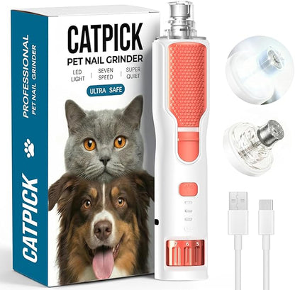 7-Speed Dog & Cat Nail Grinder with Light - Ring LED Safe to Avoid Overcut, Quiet Low Vibration & Powerful Fast, Cordless Rechargeable Toenail Trimmer for Small & Large Puppy & Breeds Paws(White)
