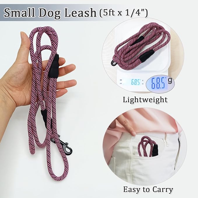 WYuZe 5ft Puppy/Dog Leash for Small Dogs, 1/4" Thin Rope Leash with Easy to Use Hook, Lightweight Leashes for Cat/Tiny Breed Walking Training, 10 Colors, Black Pink