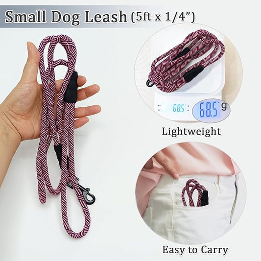 WYuZe 5ft Puppy/Dog Leash for Small Dogs, 1/4" Thin Rope Leash with Easy to Use Hook, Lightweight Leashes for Cat/Tiny Breed Walking Training, 10 Colors, Black Pink