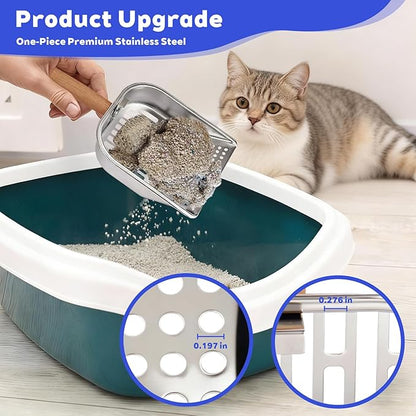Litter Scooper, Metal Litter Scoop, Pooper Scooper with Wooden Handle, Cat Litter Scoop, Metal Scooper & Speed Sifter Deep Shovel Scoop Filter for Litter Box (Easy Assembly)
