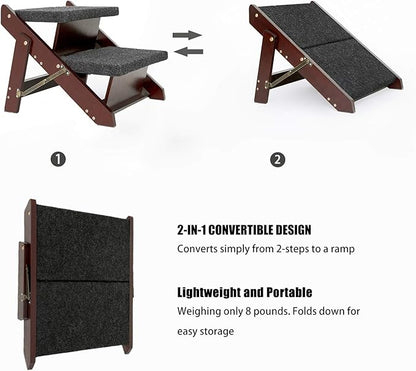 MEWANG Wooden Pet Stairs/Pet Steps - 2-in-1 Foldable Stairs & Ramp for Beds and Cars - Portable Dog/Cat Ladder Up to 110 Pounds - Great for Small and Older Animals(Brown) (17.3" L x 17.24" W x 13" H)