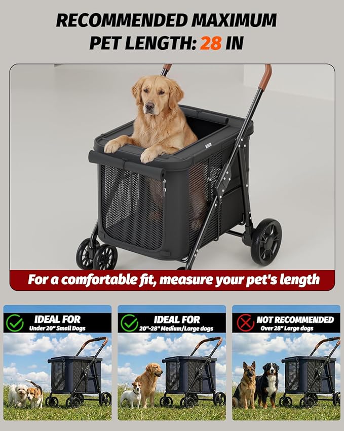 Dog Stroller for Large & Medium Dogs, Pet Stroller for 2 Small Dogs Up to 80 Lbs, Extra Large Heavy Duty, Folding & Breathable, All-Terrain Wheels, Black