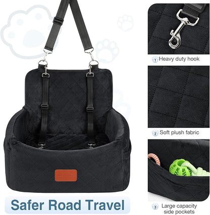 WOOAIDAGG Dog Car Seat for Small Dogs Under 30lbs, Washable Pet Travel Car Bed with Memory Foam,Fully Detachable Cover,2 Storage Pockets & Safety Leash,Non-Slip Bottom(Black)
