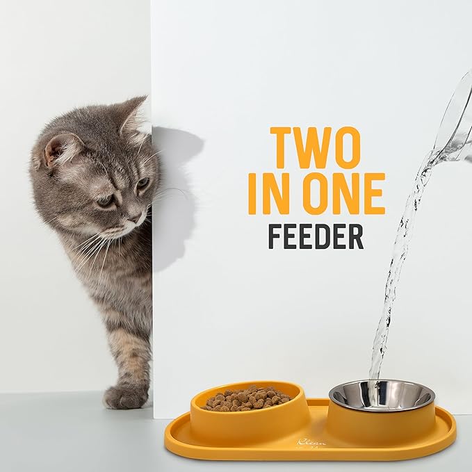 Pets Anti-Skid Dog Bowl Set - Removable Double Slow Feeder With Non-Skid Silicone Mat - Stainless Steel Water Bowl for Cats & Pets (Yellow)