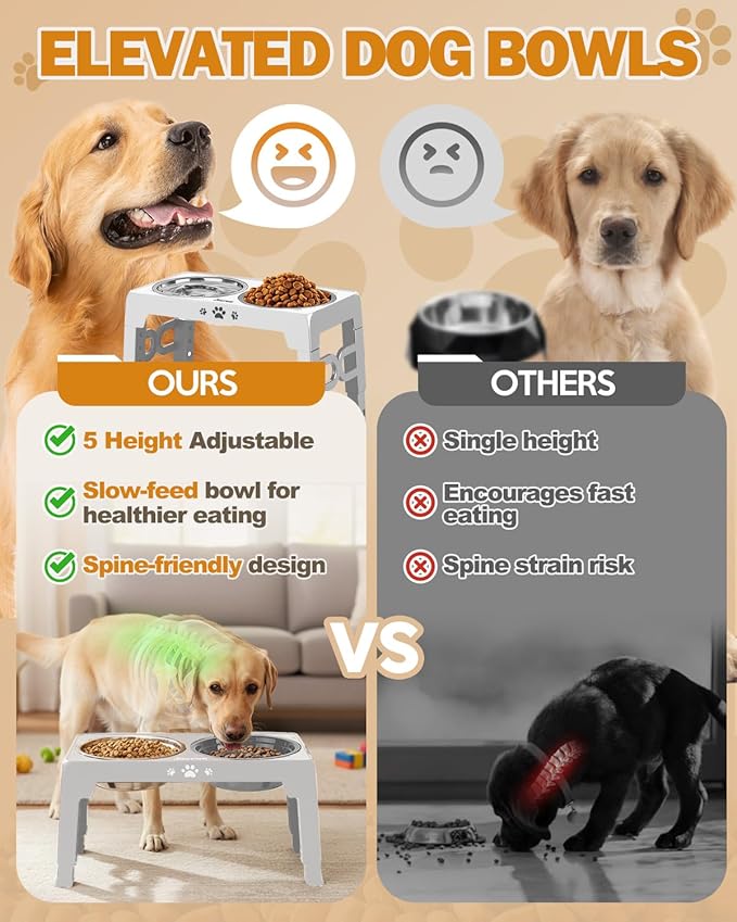 Elevated Dog Bowls for Medium Size Dogs with Mat, Non-Slip Dog Feeder with 1*Stainless Steel Dishes & 1*Slow Feeder Bowl, 5 Heights Adjustable Raised Bowls for 3.15″-8.66″-9.84″-11.02″-12.2″
