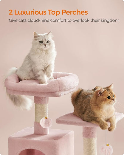 Feandrea Cat Tree, 59.5-Inch Tall Cat Tower, Plush Multi-Level Condo with 5 Scratching Posts, 2 Perches, 2 Caves, Hammock, 2 Pompoms, Jelly Pink UPCT192P01