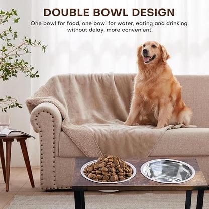 Elevated Dog Food and Water Bowl Set, Large Dog Bowl with Stand, Rustic Wooden Raised Feeder with Stainless Steel Bowls, Tilted Design for Medium and Large Dogs (Black)