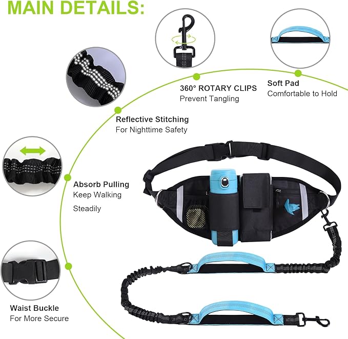 Hands Free Dog Leash, Waist Leash for Dog Walking, Running, Jogging, Waist Leashes with Adjustable Belt, Medium & Large Dogs Running Leashes Hands Free, Dual Padded Handles and Durable Bungee(Blue)