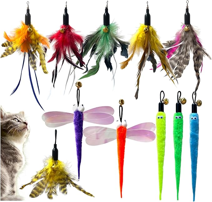 AcceLeah Cat Toy Fishing Pole Attachments Wand Refills, Refills Cat Fishing Pole Toy attachments Dragonfly Worm Refill for Cat Indoor Toy (11Pcs（Feathers+Dragonfly+Worm）