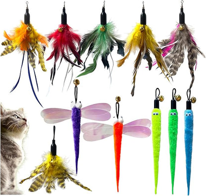 AcceLeah Cat Toy Fishing Pole Attachments Wand Refills, Refills Cat Fishing Pole Toy attachments Dragonfly Worm Refill for Cat Indoor Toy (11Pcs（Feathers+Dragonfly+Worm）