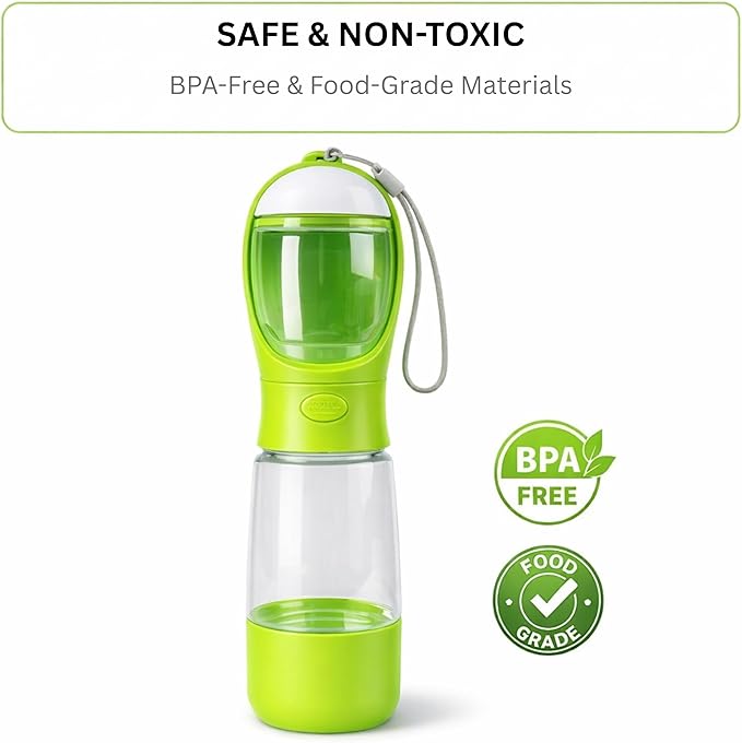 3-in-1 Dog & Cat Water Bottle with Food Container & Poop Bag Holder – Includes 60 Extra Waste Bags – 13.5oz Leak-Proof, BPA-Free Portable Pet Travel Dispenser, Green
