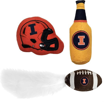 Best Plush CAT Toy NCAA Illinois Fighting Illini Complete Set of 3 Piece Cat Toys Filled with Fresh Catnip. Includes: 1 Helmet Cat Toy, 1 Football Cat Toy with Feathers & 1 Beer Bottle.