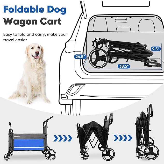 Petbobi 2-in-1 Dog Wagon Stroller for Large & Medium Dogs – Foldable Push & Pull Stroller with Ramp, 360° Swivel Wheels, Adjustable Handles & Safety Leashes for Walking Camping Parks