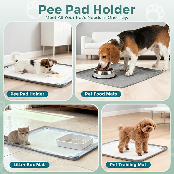 Pee Pad Holder for Dogs, 24" x 24" Non-Slip Silicone Puppy Pad Tray with 4 Magnetic Clips, Leak-Proof Raised Edge, Reusable Waterproof Puppy Training Mat for Indoor Floor Protection
