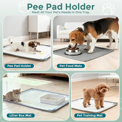 Pee Pad Holder for Dogs, 24" x 24" Non-Slip Silicone Puppy Pad Tray with 4 Magnetic Clips, Leak-Proof Raised Edge, Reusable Waterproof Puppy Training Mat for Indoor Floor Protection