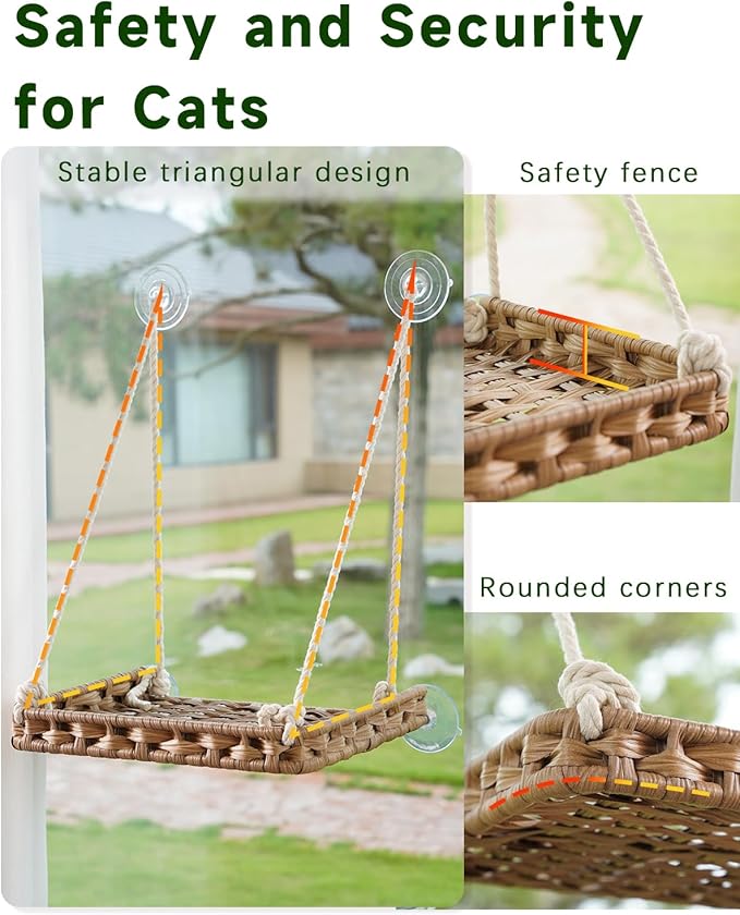 Cat Window Perch 2 Pack,Cat Window Hammock Bed for Indoor Cats,Large Handwoven PE Rattan Window Seat,4 Suction Cups,Double Sided Washable Cushion Bed,2.3 Inch Fence Shelf, Pet Kittens Natural