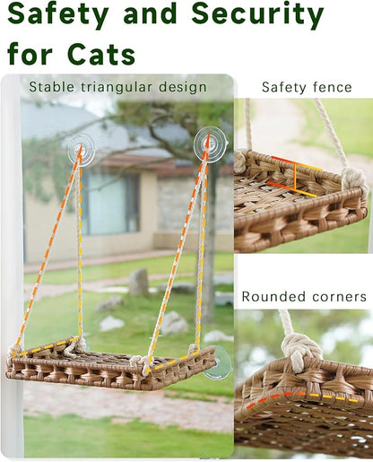 Cat Window Perch 2 Pack,Cat Window Hammock Bed for Indoor Cats,Large Handwoven PE Rattan Window Seat,4 Suction Cups,Double Sided Washable Cushion Bed,2.3 Inch Fence Shelf, Pet Kittens Natural