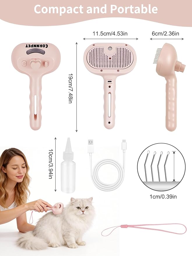 Dog Steam Brush Self Cleaning 3 in 1 Cat Steam Brush for Hair Shedding Massaging Grooming,Reducing Flying Fur & Static,Spray Comb with Storage String for Long Short Haired Furry Pets - Pink
