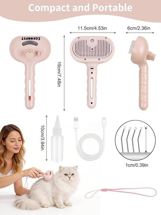 Dog Steam Brush Self Cleaning 3 in 1 Cat Steam Brush for Hair Shedding Massaging Grooming,Reducing Flying Fur & Static,Spray Comb with Storage String for Long Short Haired Furry Pets - Pink